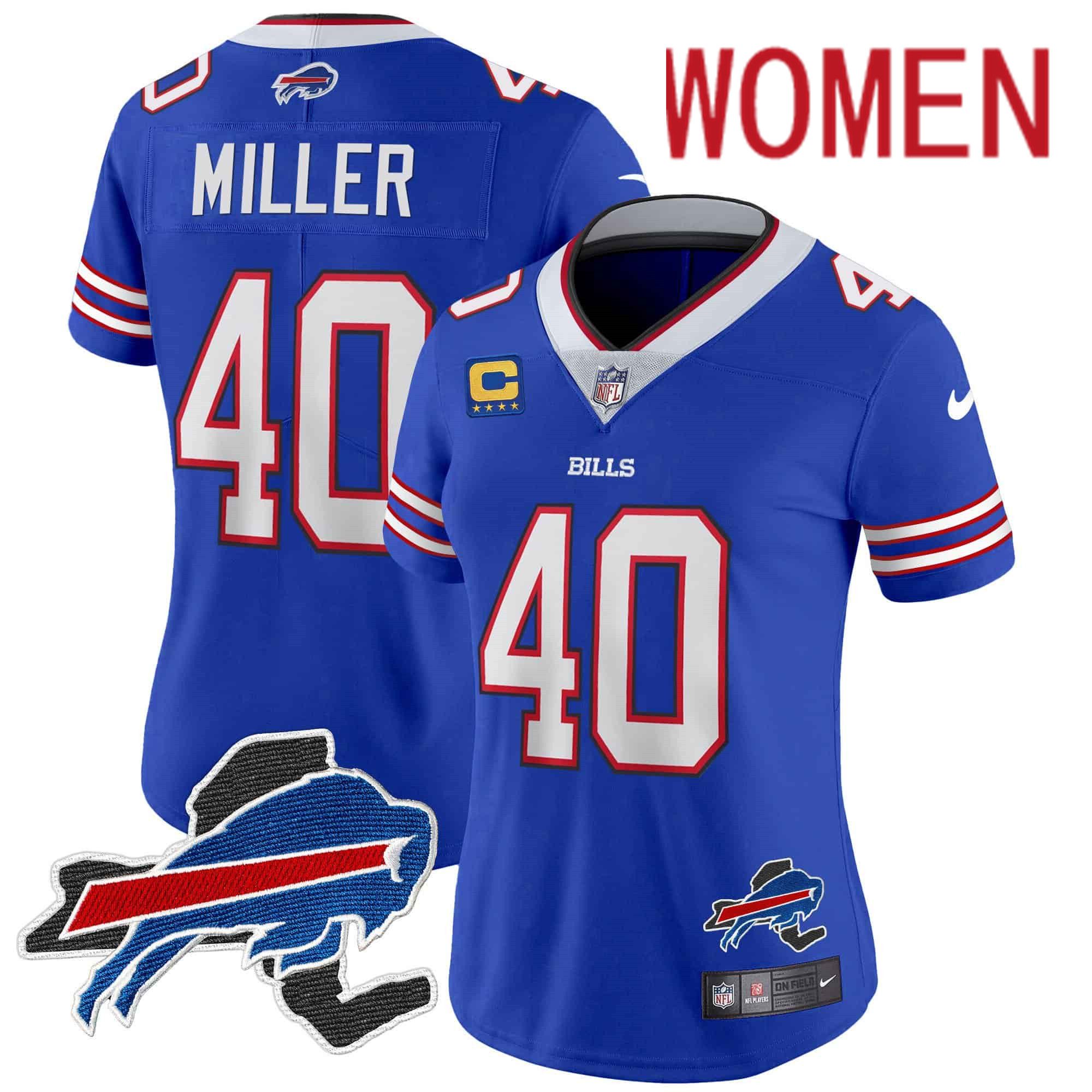 Women Buffalo Bills #40 Miller Blue 2024 Nike Patch Vapor Limited NFL Jersey style 1->women nfl jersey->Women Jersey